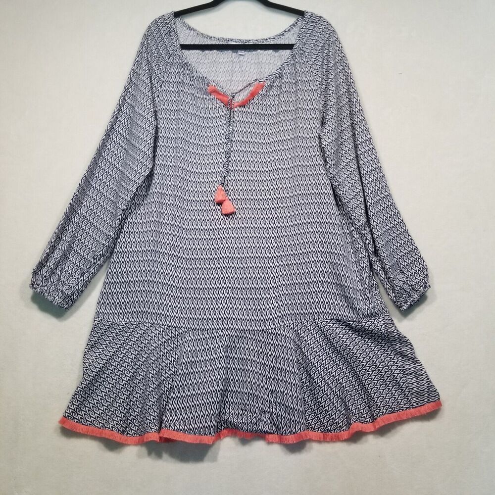 Southern Tide XL Dress Long Sleeve Fringe Blue Peplum Hem Swim Cover Vacation